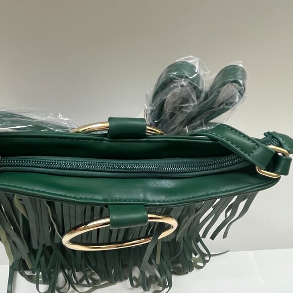 Fringe Tiered /Tassel/ Gold Hoop / Bohemian Crossbody/ Retro 70s - Green - NWT - Picture 6 of 7